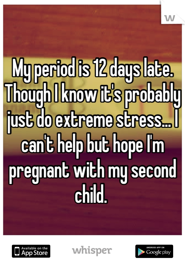 My period is 12 days late. 
Though I know it's probably just do extreme stress... I can't help but hope I'm pregnant with my second child. 