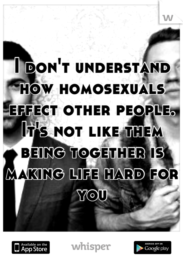 I don't understand how homosexuals effect other people. It's not like them being together is making life hard for you