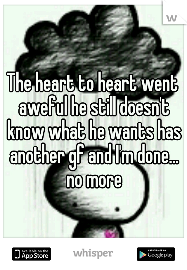 The heart to heart went aweful he still doesn't know what he wants has another gf and I'm done... no more