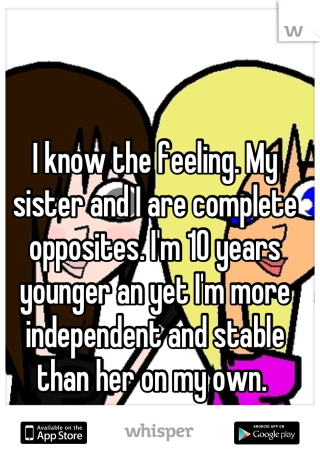 I know the feeling. My sister and I are complete opposites. I'm 10 years younger an yet I'm more independent and stable than her on my own. 