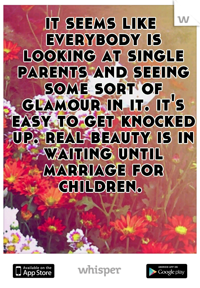 it seems like everybody is looking at single parents and seeing some sort of glamour in it. it's easy to get knocked up. real beauty is in waiting until marriage for children. 