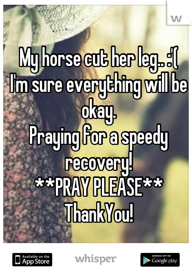 My horse cut her leg.. :'(
I'm sure everything will be okay.
Praying for a speedy recovery!
**PRAY PLEASE**
ThankYou!