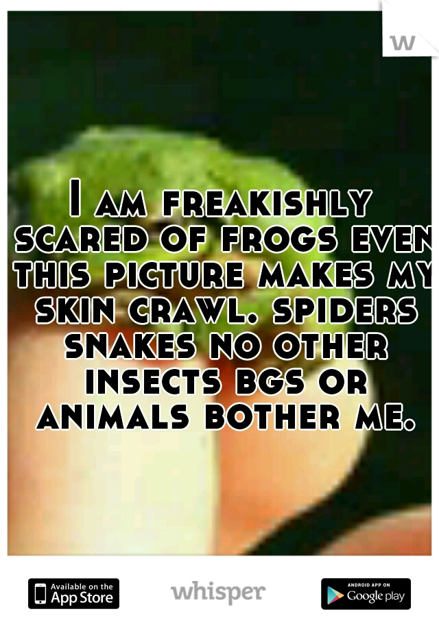 I am freakishly scared of frogs even this picture makes my skin crawl. spiders snakes no other insects bgs or animals bother me.