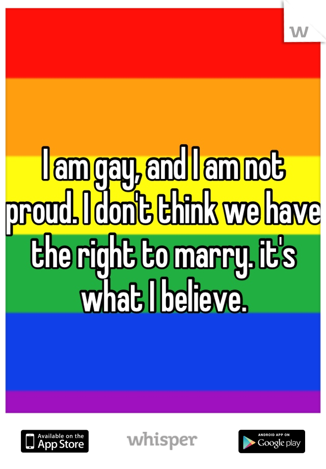 I am gay, and I am not proud. I don't think we have the right to marry. it's what I believe.