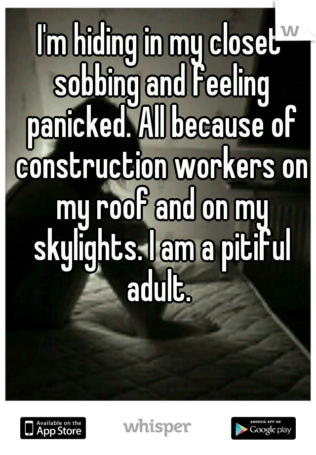 I'm hiding in my closet sobbing and feeling panicked. All because of construction workers on my roof and on my skylights. I am a pitiful adult. 