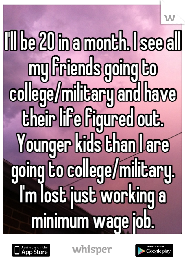 I'll be 20 in a month. I see all my friends going to college/military and have their life figured out. Younger kids than I are going to college/military. I'm lost just working a minimum wage job.