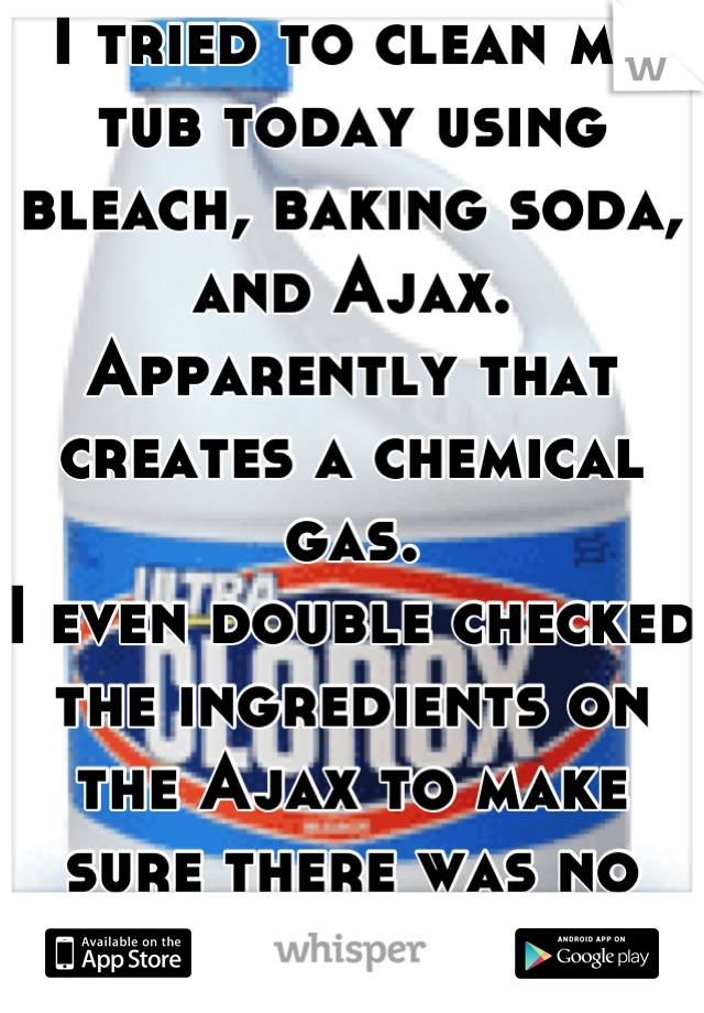 I tried to clean my tub today using bleach, baking soda, and Ajax. 
Apparently that creates a chemical gas.
I even double checked the ingredients on the Ajax to make sure there was no ammonia.