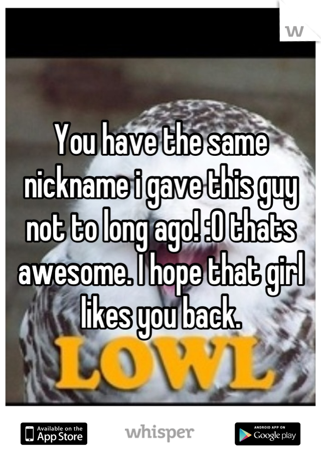 You have the same nickname i gave this guy not to long ago! :O thats awesome. I hope that girl likes you back.