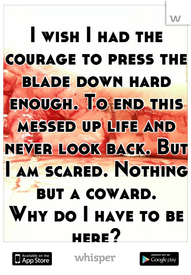 I wish I had the courage to press the blade down hard enough. To end this messed up life and never look back. But I am scared. Nothing but a coward.
Why do I have to be here?