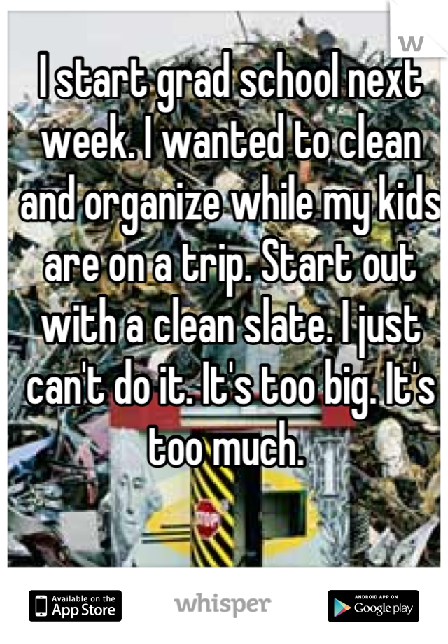 I start grad school next week. I wanted to clean and organize while my kids are on a trip. Start out with a clean slate. I just can't do it. It's too big. It's too much. 