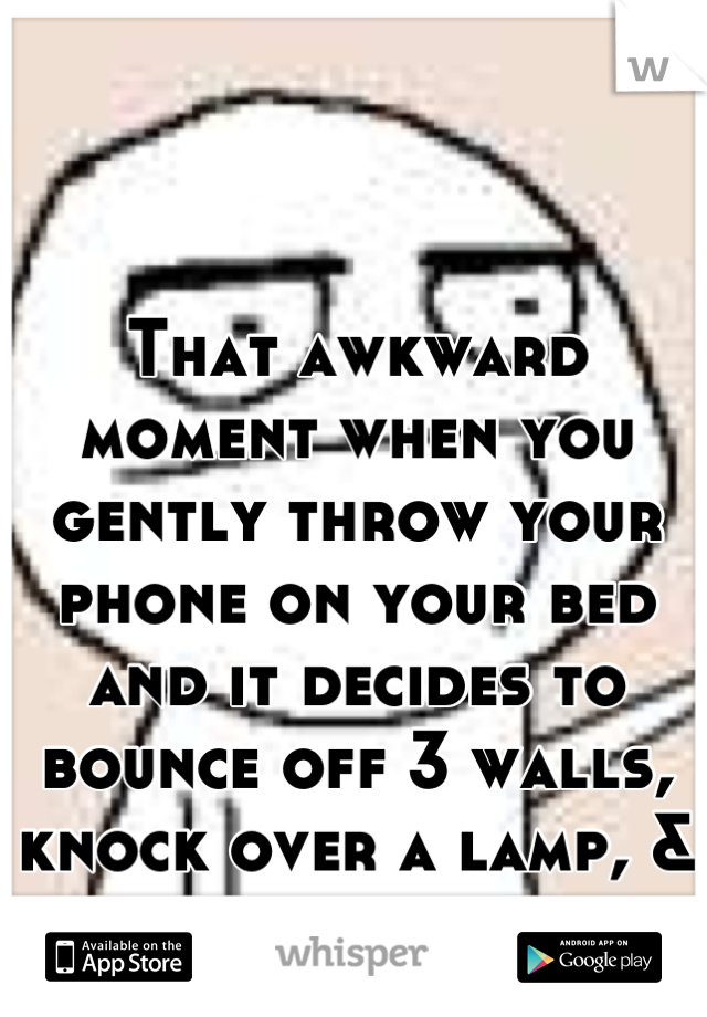 That awkward moment when you gently throw your phone on your bed and it decides to bounce off 3 walls, knock over a lamp, & kill a cat .____.