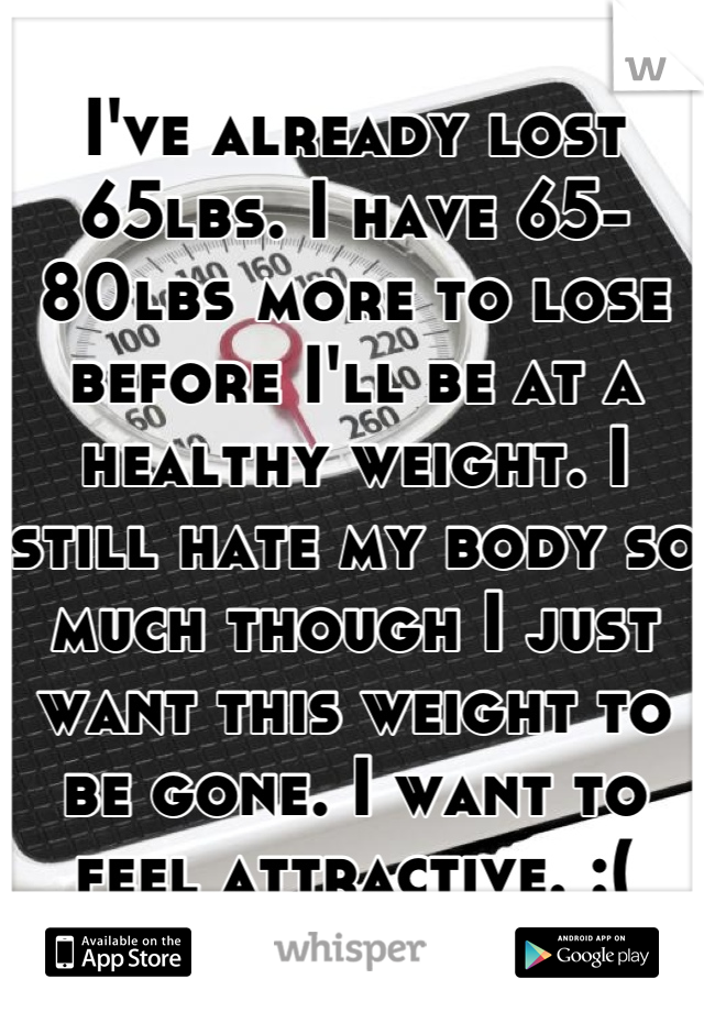 I've already lost 65lbs. I have 65-80lbs more to lose before I'll be at a healthy weight. I still hate my body so much though I just want this weight to be gone. I want to feel attractive. :(