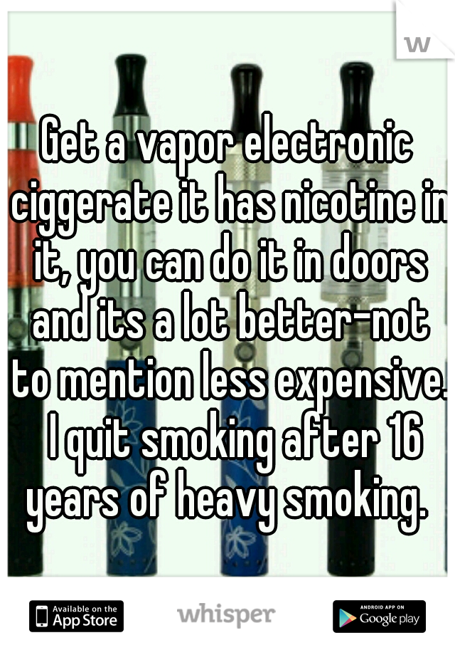 Get a vapor electronic ciggerate it has nicotine in it, you can do it in doors and its a lot better-not to mention less expensive.  I quit smoking after 16 years of heavy smoking. 
