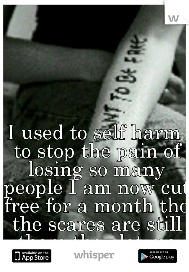 I used to self harm to stop the pain of losing so many people I am now cut free for a month tho the scares are still there they let me know not to give up