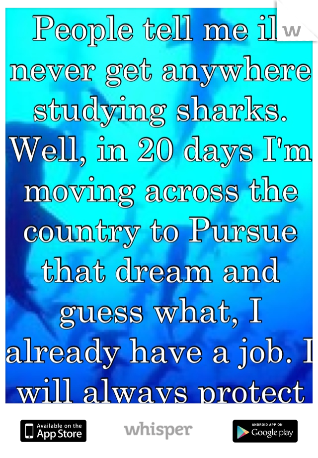 People tell me ill never get anywhere studying sharks. Well, in 20 days I'm moving across the country to Pursue that dream and guess what, I already have a job. I will always protect these beauties.