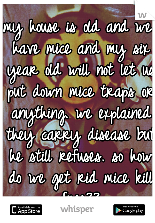 my house is old and we have mice and my six year old will not let us put down mice traps or anything. we explained they carry disease but he still refuses. so how do we get rid mice kill free??