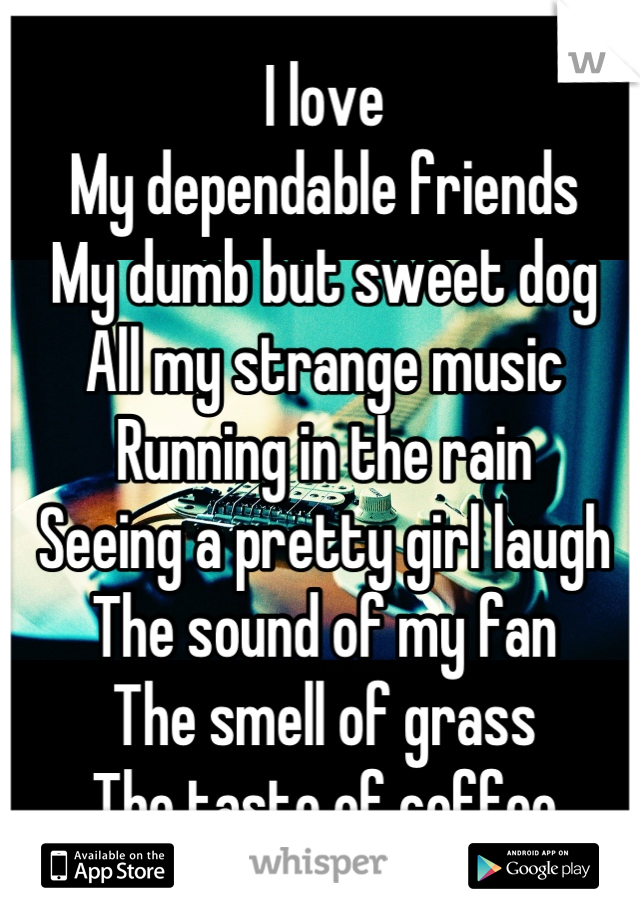 I love
My dependable friends
My dumb but sweet dog
All my strange music
Running in the rain
Seeing a pretty girl laugh
The sound of my fan
The smell of grass 
The taste of coffee


