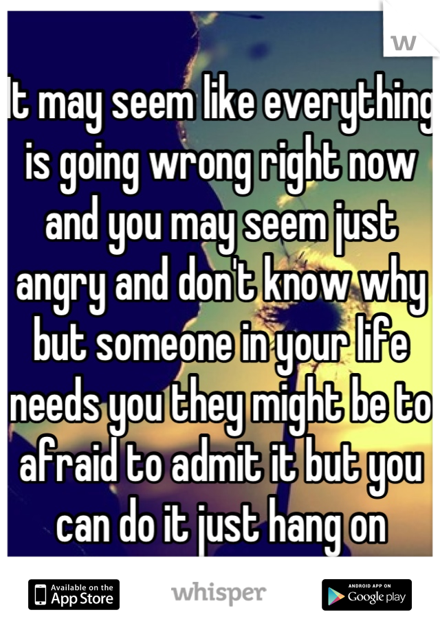 It may seem like everything is going wrong right now and you may seem just angry and don't know why but someone in your life needs you they might be to afraid to admit it but you can do it just hang on