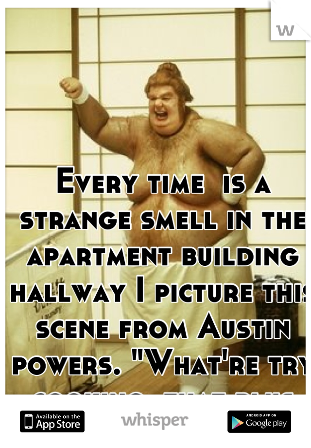 Every time  is a strange smell in the apartment building hallway I picture this scene from Austin powers. "What're try cooking, that plus shit" 