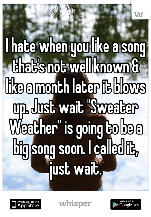 I hate when you like a song that's not well known & like a month later it blows up. Just wait "Sweater Weather" is going to be a big song soon. I called it, just wait.