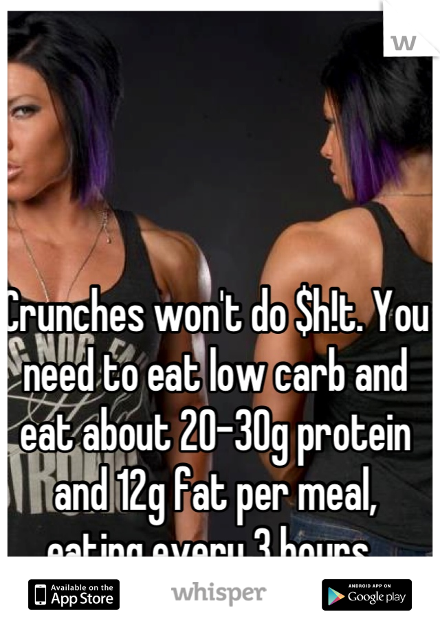 Crunches won't do $h!t. You need to eat low carb and eat about 20-30g protein and 12g fat per meal, eating every 3 hours. 