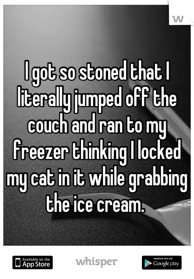 I got so stoned that I literally jumped off the couch and ran to my freezer thinking I locked my cat in it while grabbing the ice cream. 