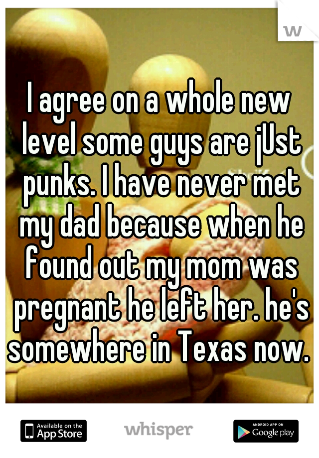 I agree on a whole new level some guys are jUst punks. I have never met my dad because when he found out my mom was pregnant he left her. he's somewhere in Texas now. 