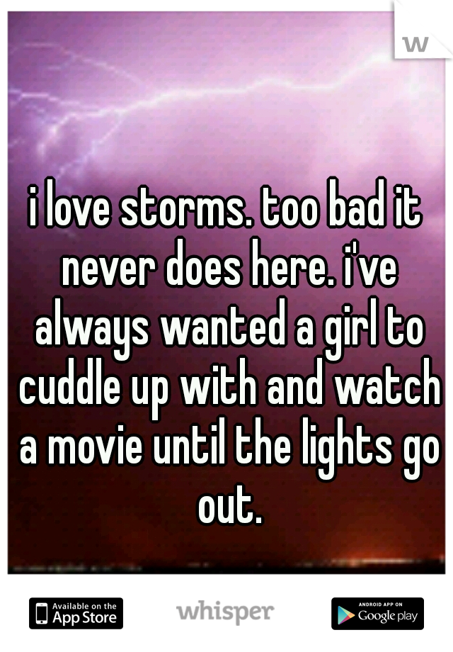 i love storms. too bad it never does here. i've always wanted a girl to cuddle up with and watch a movie until the lights go out.