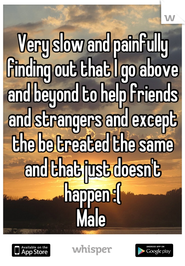 Very slow and painfully finding out that I go above and beyond to help friends and strangers and except the be treated the same and that just doesn't happen :(
Male 