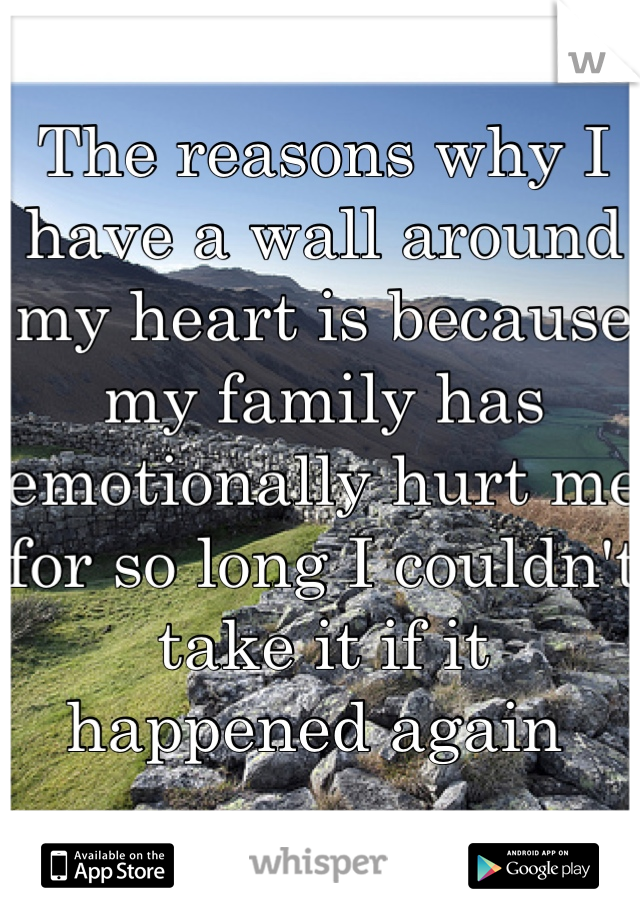 The reasons why I have a wall around my heart is because my family has emotionally hurt me for so long I couldn't take it if it happened again 