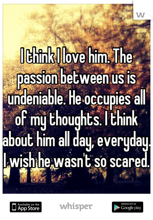 I think I love him. The passion between us is undeniable. He occupies all of my thoughts. I think about him all day, everyday. I wish he wasn't so scared.
