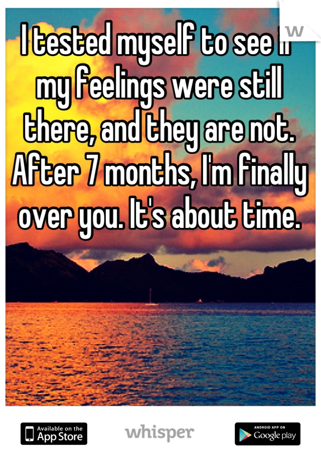 I tested myself to see if my feelings were still there, and they are not. After 7 months, I'm finally over you. It's about time.