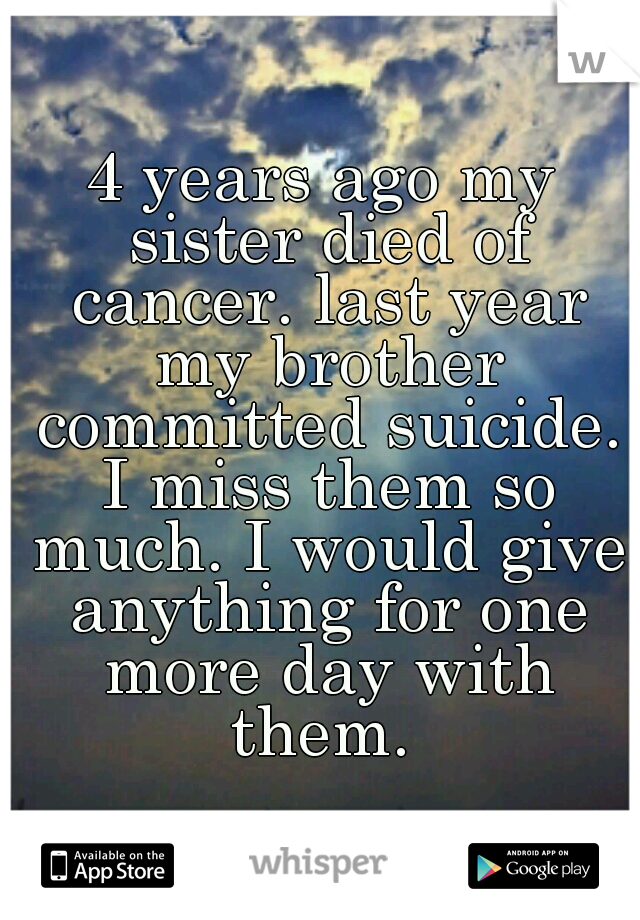 4 years ago my sister died of cancer. last year my brother committed suicide. I miss them so much. I would give anything for one more day with them. 