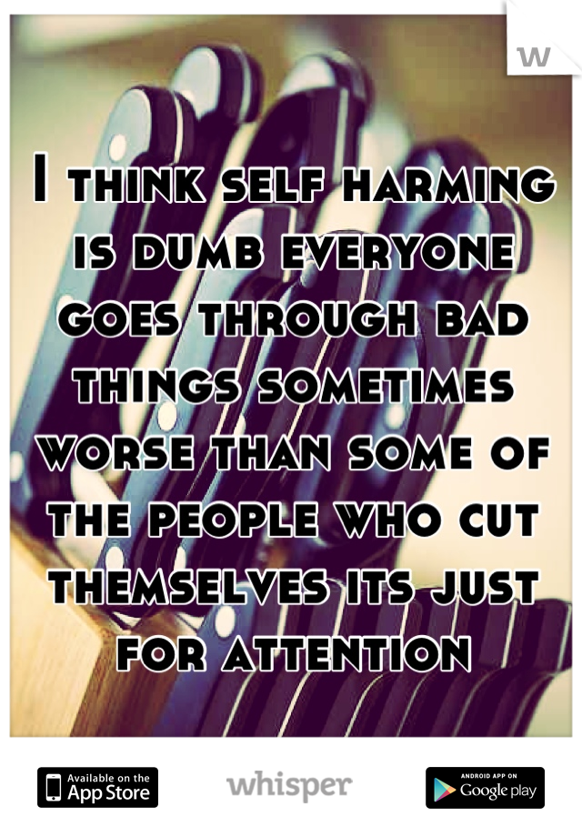 I think self harming is dumb everyone goes through bad things sometimes worse than some of the people who cut themselves its just for attention