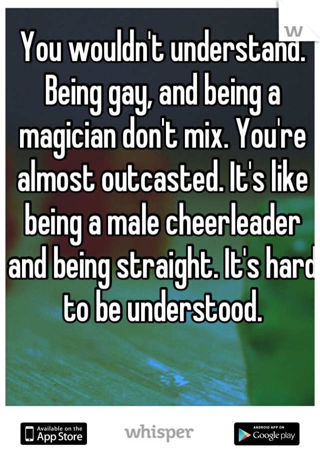 You wouldn't understand. Being gay, and being a magician don't mix. You're almost outcasted. It's like being a male cheerleader and being straight. It's hard to be understood.