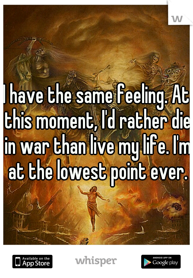 I have the same feeling. At this moment, I'd rather die in war than live my life. I'm at the lowest point ever.