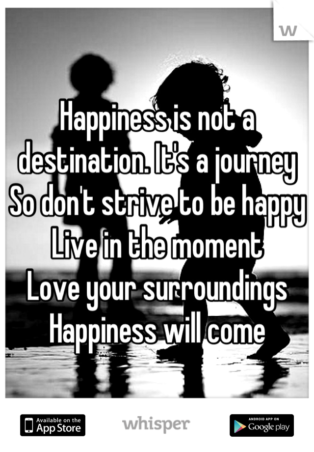 Happiness is not a destination. It's a journey 
So don't strive to be happy 
Live in the moment 
Love your surroundings
Happiness will come