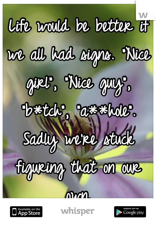 Life would be better if we all had signs. "Nice girl", "Nice guy", "b*tch", "a**hole". Sadly we're stuck figuring that on our own.