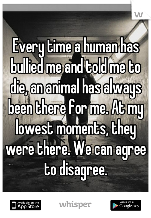 Every time a human has bullied me and told me to die, an animal has always been there for me. At my lowest moments, they were there. We can agree to disagree.