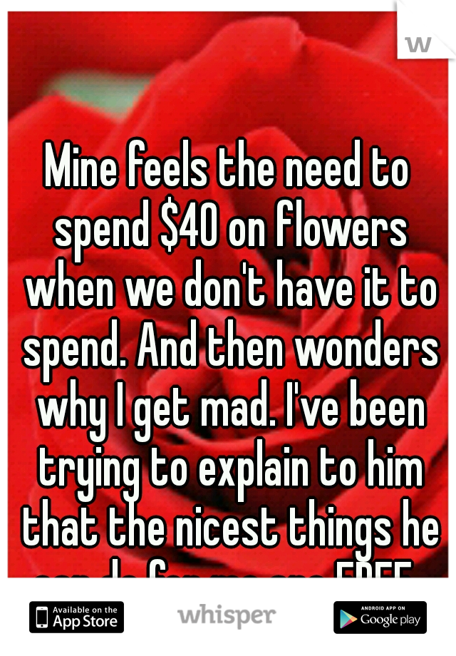 Mine feels the need to spend $40 on flowers when we don't have it to spend. And then wonders why I get mad. I've been trying to explain to him that the nicest things he can do for me are FREE. 