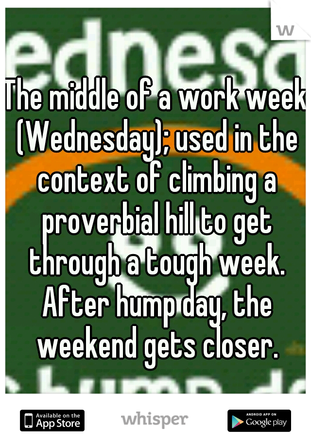 The middle of a work week (Wednesday); used in the context of climbing a proverbial hill to get through a tough week. After hump day, the weekend gets closer.