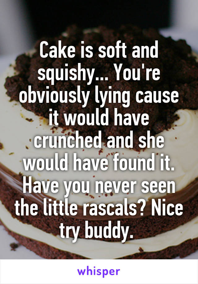 Cake is soft and squishy... You're obviously lying cause it would have crunched and she would have found it. Have you never seen the little rascals? Nice try buddy. 
