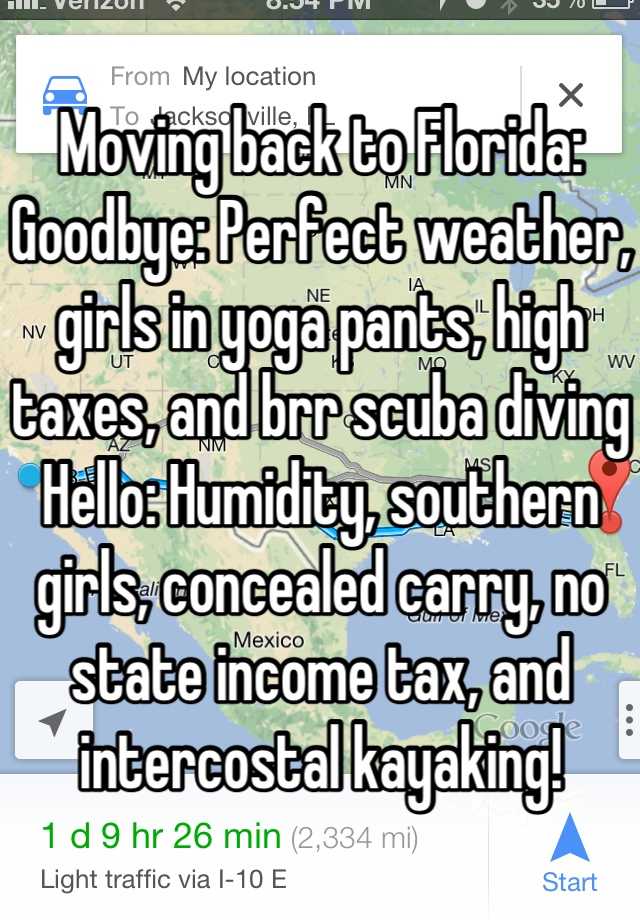 Moving back to Florida:
Goodbye: Perfect weather, girls in yoga pants, high taxes, and brr scuba diving
Hello: Humidity, southern girls, concealed carry, no state income tax, and intercostal kayaking!
