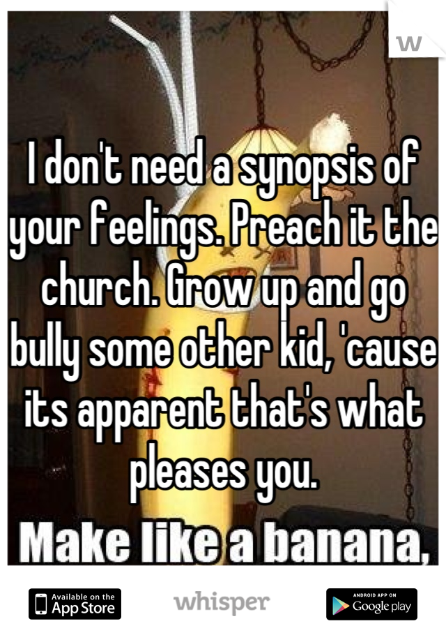 I don't need a synopsis of your feelings. Preach it the church. Grow up and go bully some other kid, 'cause its apparent that's what pleases you.