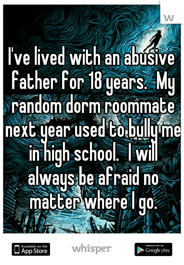 I've lived with an abusive father for 18 years.
My random dorm roommate next year used to bully me in high school.
I will always be afraid no matter where I go.