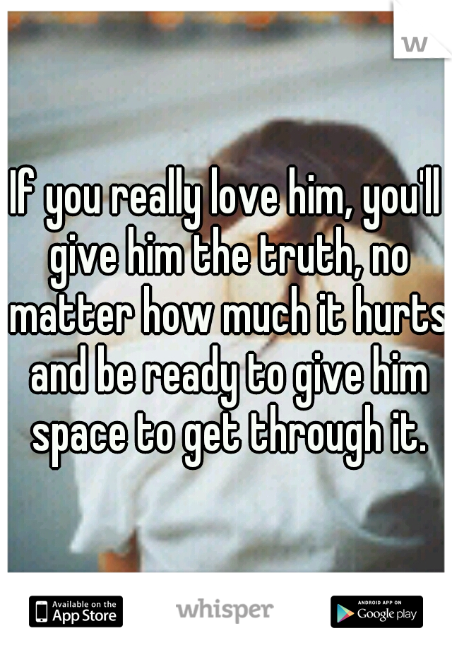 If you really love him, you'll give him the truth, no matter how much it hurts and be ready to give him space to get through it.