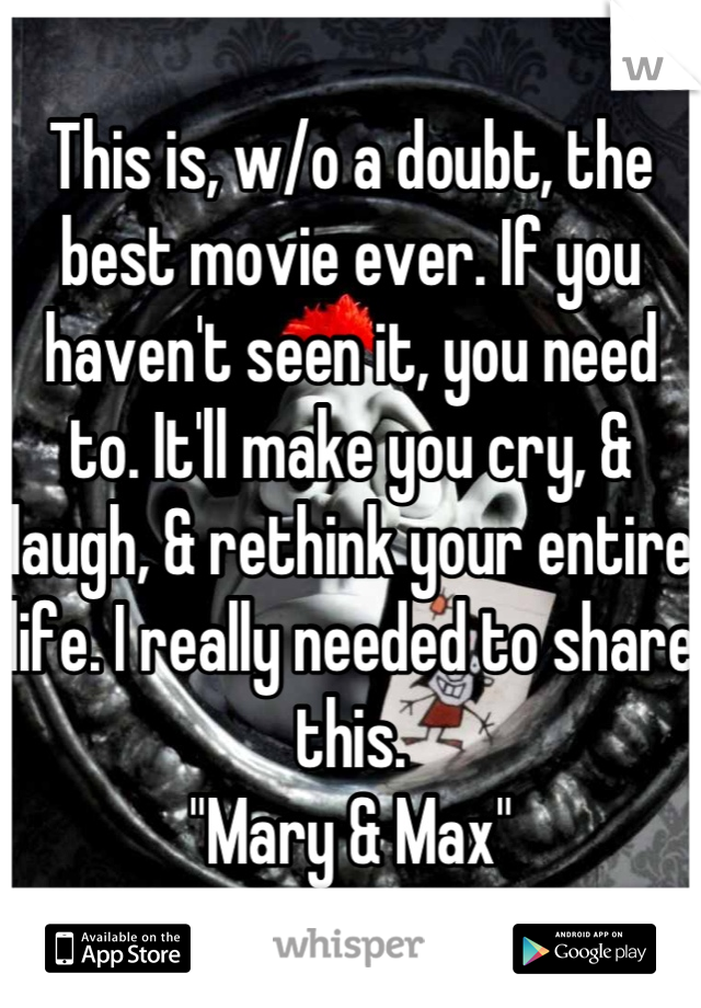 This is, w/o a doubt, the best movie ever. If you haven't seen it, you need to. It'll make you cry, & laugh, & rethink your entire life. I really needed to share this.
"Mary & Max"