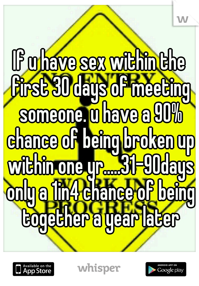 If u have sex within the first 30 days of meeting someone. u have a 90% chance of being broken up within one yr.....31-90days only a 1in4 chance of being together a year later