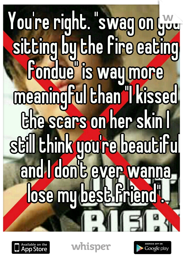 You're right. "swag on you sitting by the fire eating fondue" is way more meaningful than "I kissed the scars on her skin I still think you're beautiful and I don't ever wanna lose my best friend".