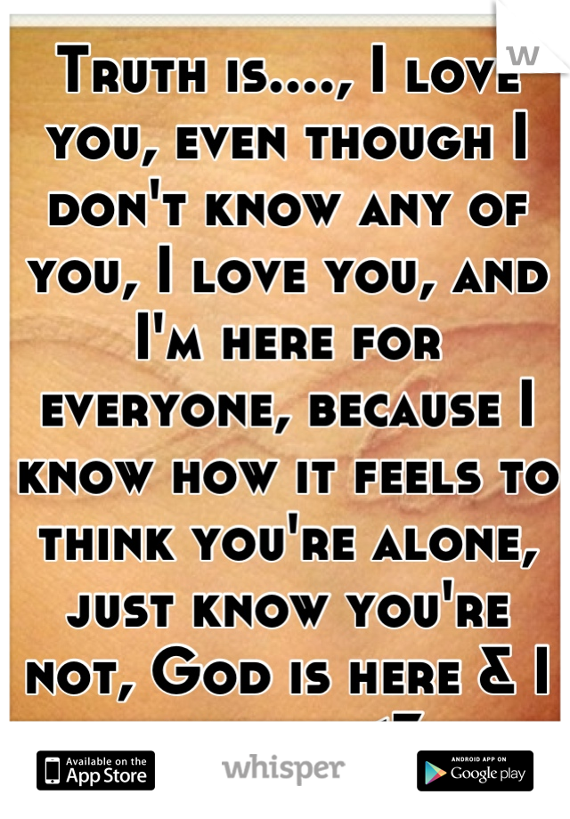 Truth is...., I love you, even though I don't know any of you, I love you, and I'm here for everyone, because I know how it feels to think you're alone, just know you're not, God is here & I am here<3